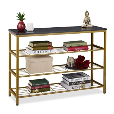 Imagen de Relaxdays Consola Recibidor Efecto Mármol, 70x101x30 cm, 4 Baldas, Mesa Entrada, Pasillo, Metal y MDF, Dorado Negro, Tablero de Fibras