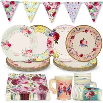 Imagen de Talking Tables Juego de vajilla floral y decoraciones vintage fiesta té la tarde para 16 invitados Platos servilletas papel, tazas té, banderines mantel cumpleaños, día