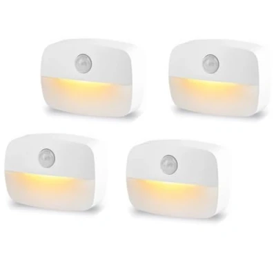 Imagen de SUJAHHUJIQ Luz nocturna LED con sensor de movimiento, paquete 4 luces adhesivas, funciona pilas, escalera automático/apagado, para interiores, inodoro,