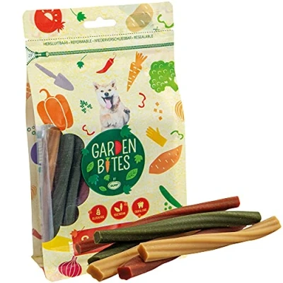Imagen de Garden Bites Dental Twisters Snacks Vegetarianos para Perros Sin Gluten Aperitivos Sabor Boniato Alimento Rico en Vitaminas, Calcio y Hierro Pack de 420g 28 Uds Duvo+