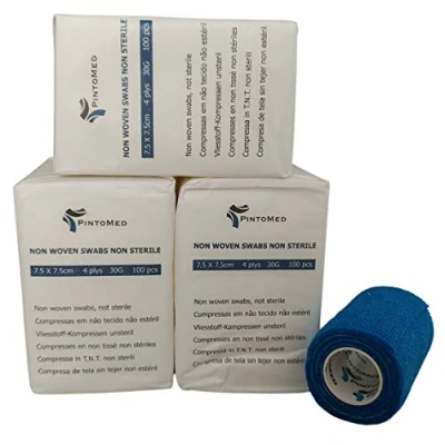 Imagen de PintoMed 3 x Pack Compresas Non Esteriles, No Tejidas, TNT, 7,5 cm cm, 100 = 300 Unidades. Oferta 1 Rollo Venda Cohesiva 7,5cm 4,5m