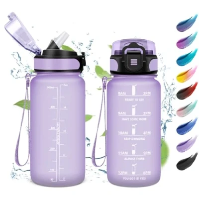 Imagen de Botella Agua 500ml, con Marcador de Tiempo, Pajita, Reutilizable, Motivadora y Prueba Fugas, Garrafa para Niños, Niñas, Escuela, Camping, Gimnasio