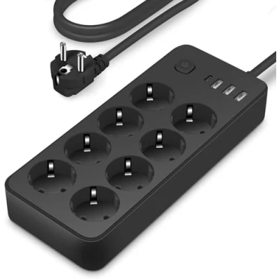 Imagen de MBQYT Regletas Enchufes, Regleta USB 8 Tomas de AC y 4 Enchufe Multiple (5V2,4A),Regleta Enchufes Proteccion Sobretension, 1.8M Regreltas Vertical con Interruptor para Mesa, Oficia, Casa, Negro