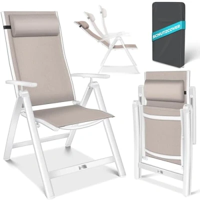 Imagen de KESSER® Silla de jardín con respaldo alto reposabrazos, aluminio, almohada y funda ajustable en 7 posiciones, transpirable resistente a la intemperie, plegable antideslizante, color