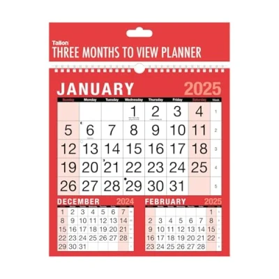 Imagen de Calendario de pared 2025 con 3 meses vista colgante en espiral, color rojo, 260 x 240 mm