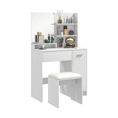 Imagen de HOMCOM Tocador de Maquillaje con Taburete Mesa Espejo Estantes Abiertos Cajón y Estante Ajustable Anti vuelco para Dormitorio Salón Blanco