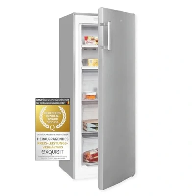 Imagen de Exquisit® Congelador Vertical,161L, Clase C, Material Acero Inox,Tecnología No Frost, Cajón XL, Altura Regulable, 1 Puerta, 3 Cestos, 2 Estante de Cristal, Consumo 132 kWh/año, Medidas 143x54x61,5 Cm.