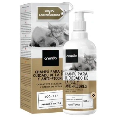 Imagen de Champú Perros y Gatos Antipicores con Aceite de Coco Aloe Vera, 500 ml Gel Hidratante Baño Lavanda, Manzanilla, Avena Higiene Quita Olores Aliviar Picor Piel Sensible
