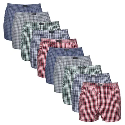 Imagen de Lower East Calzoncillos Hombre Bóxer Pack de 10 100% Algodón Ropa Interior Hombre, para Hombres, Algodón, Patrón Cuadros, L