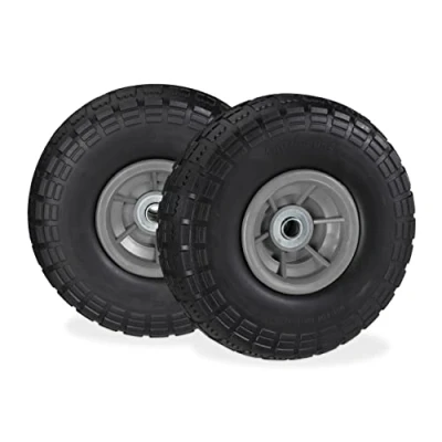 Imagen de 4 Ruedas de Carro, Antipinchazos, Macizas, 4.10/3.50 4&quot;, Eje 16 mm, hasta 150 kg, 260x85mm, Negro y Gris