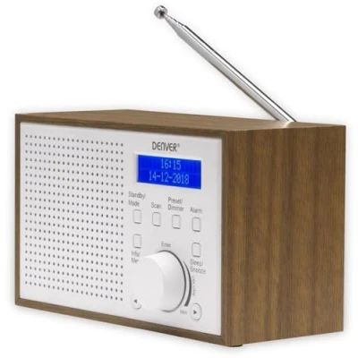 Imagen de Radio Digital Dab+ y FM. DENVER DAB 46WHITE. Reloj,Despertador Alarma. Funciona Tanto con batería como Corriente. Salida Audio 2W. Acabado Madera.