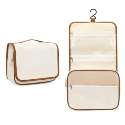 Imagen de Kono Neceser Viaje Impermeable de Gran Capacidad Maquillaje, Maquillaje Grande para Hombre y Mujer, Bolsa Aseo con Gancho Colgante Mujer (Beige &amp; Brown)