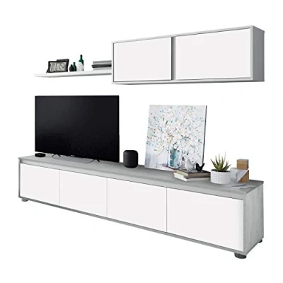 Imagen de Habitdesign Mueble de Salon Moderno, Modulos Comedor, Modelo Alida, Acabado en Blanco Artik y Gris Cemento, Medidas: 200 cm (Ancho) x 43 (Alto) 41 (Fondo)