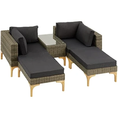 Imagen de TecTake® Conjunto Jardín en Ratán y Aluminio con Cojines, Terraza Resistente a la Intemperie, Muebles Exterior 2 Sillones, Taburetes, 1 Mesa Cristal, Fundas Extraíbles Natural