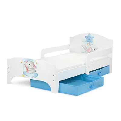 Imagen de leomark Smart Cama Infantil de Madera Baby Elephant Colchón y Cajón, robustro Cómodo Dormitorio Impresa, Muebles para Niños, Espacio Dormir: 140/70