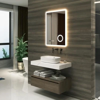 Imagen de pro.tec Espejo de Pared con LED para Baño Reloj e Indicador Temperatura Antivaho Lupa 3 Opciones Luz Blanca Interruptor Táctil 60 x 80 cm Aluminio Blanco
