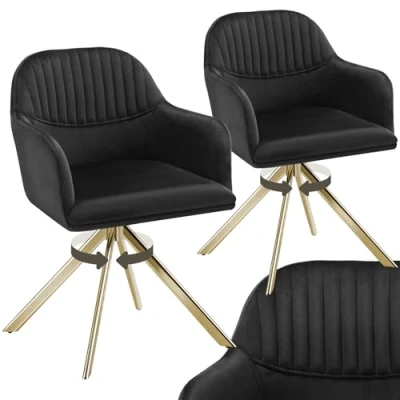 Imagen de TecTake® Silla Giratoria Tapizada con Respaldo Continuo, Patas de Acero Giratorias 360º, Dormitorio, Butacas Salon, Sillas Comedor, Comedor Nordica 2 Negro/Oro