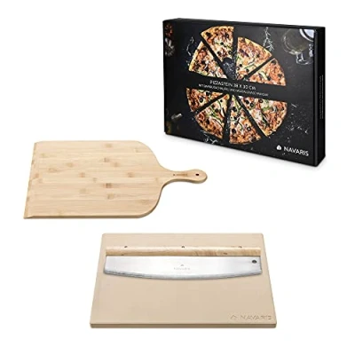 Imagen de Navaris Piedra para pizza con pala y cuchillo medialuna Base de cordierita 38 x 30 CM accesorio cortar paleta Horno barbacoa grill