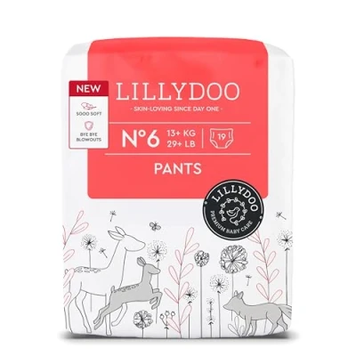Imagen de Pañales braguita LILLYDOO talla 6 (13+ kg), 19 unidades, protección contra fugas, delicados con la piel, suaves, sin perfumes ni lociones, dermatológicamente testados