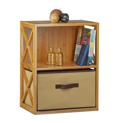 Imagen de relaxdays Estantería con Cesta de almacenaje, Madera, Dos estantes, Caja Plegable, 54 x 42 49 cm, 1 Ud, Marrón, Tela no Tejida