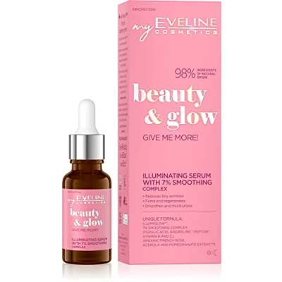 Imagen de EVELINE Beauty&amp;Glow ¡Dame Más! Suero Iluminador Vegano Protector Antiarrugas Reduce La Decoloración 98% Ingredientes Naturales Con 7% Complejo Suavizante 18ml