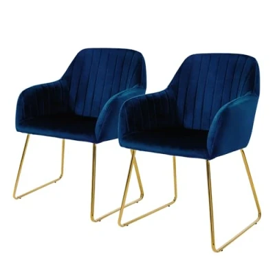Imagen de ML Design Juego de 2X Sillas Comedor Azules Asiento Ergonómico Acolchado Tapizado Terciopelo, Patas Metal Dorado Sillón Diseño Moderno para Mesa Salón Escritorio Dormitorio o Cocina