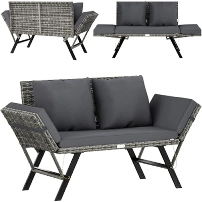 Imagen de CASARIA® Banco de Jardín Gris Multifuncional 2en1 Tumbona Reclinable Sofá Cama 240kg Intemperie Cojines