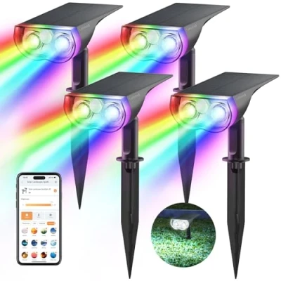 Imagen de Linkind Foco Solar Inteligente de Colores para Jardín Exterior, Luz RGB 16 Millones con Blanco Cálido y Frío, Controlable en Grupo,IP65 Lampara Exterior Inteligente, 4 Piezas