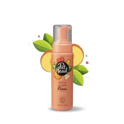 Imagen de PET HEAD Quick Fix Champú en Espuma para perros 200ml Aroma de Melocotón. sin enjuague y secado rápido. Hipoalergénico con Ingredientes Naturales Veganos. Apto cachorros