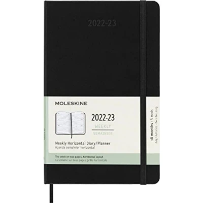 Imagen de Moleskine Agenda/Planificador Semanal Horizontal, Agendas de 18 meses 2022 2023 con Tapa Dura y Cierre Elástico, Tamaño L 13 x 21 cm, Color Negro