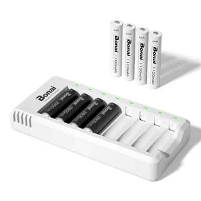 Imagen de BONAI Cargador de Pilas Ni MH Recargables con 4 Piezas 2800mAh AA y 1100mAh AAA Baterías Puerto USB