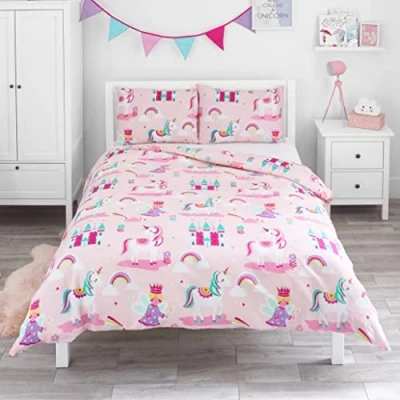 Imagen de Bloomsbury Mill Juego de Funda Nórdica Cama 105 para Niñas Diseño Unicornios, Princesas y Rosa Arcoiris Edredón Reversible 2 Almohadas Infantil 200 x cm