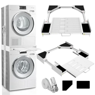 Imagen de Kiss Core Marco de conexión para Lavadora/Secadora con Estante Deslizante, Kit Estantería Apilado Universal Cuerda Trinquete, Intermedio Ajustable Lavadoras 53 68 cm