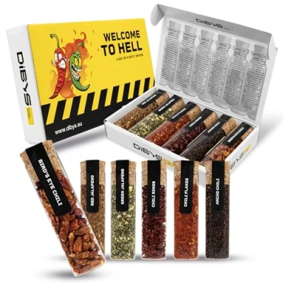 Imagen de DIBYS WELCOME TO HELL Set de Regalo Chiles Picantes 6 Especias con Tarjetas Recetas Incluidas Juego Copos Chile, Ancho Bird&#039;s Eye Chile y más Regalos