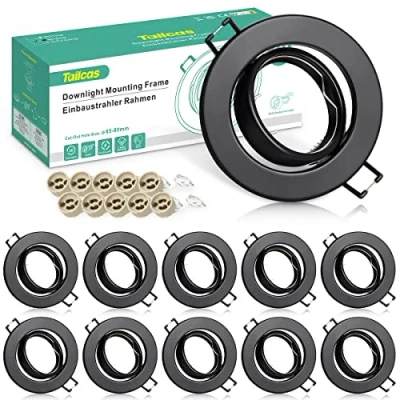 Imagen de Tailcas Marco Foco Empotrable GU10, 10 Pack Negro Marcos Focos Downlight Led Redondo con Portalámparas Corte Ф 65 80mm, Ángulo basculación 30, Para 50mm Lámparas De O Halógena