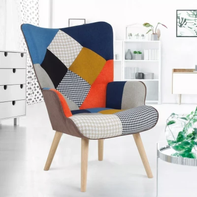 Imagen de IDMarket Ivar Sillón escandinavo en tejido Patchwork multicolor e impreso de pie gallina