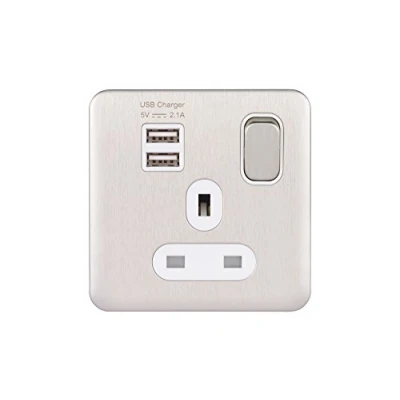 Imagen de Schneider Electric Lisse Screwless Deco Toma de corriente conmutada, 13A, solo polo, con 2 puertos carga USB, 2.1A compartido, GGBL30102USBAWSSS, acero inoxidable inserto blanco