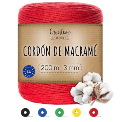 Imagen de Creative DECO 3mm x 200m Cuerda Macramé Hilo Algodón Roja Espesor + 0.5 mm Cordón Rollo Grande Natural Grueso Fuerte Decoración Manualidades Artesanía Bricolaje y Embalaje