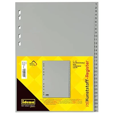 Imagen de Idena 302009 Índices numerados 1 31, para DIN A4, de plástico, 31 secciones, tapa entera, gris, unidad.