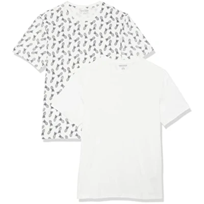 Imagen de Amazon Essentials Camiseta de Manga Corta, Cuello Redondo y Corte Ajustado Hombre, Pack 2, Blanco/Estampado Piñas, XXL