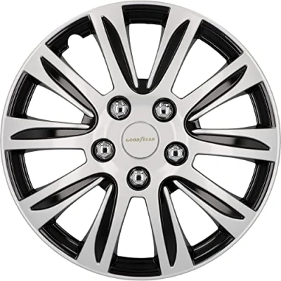 Imagen de GOODYEAR Juego de 4 tapacubos Laredo 15 Pulgadas, plástico ABS, Resistente a los Impactos, Doble Capa Pintura metálica, Color Negro y Plateado