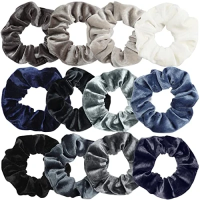 Imagen de Belle Vous Pack de 12 Coleteros Tela Terciopelo Accesorios Peinado Suave Pelo Mujer Lacio, Ondulado, Rizado, Largo, Corto, Grueso y Fino Coletero Scrunchie Elástico Colorido