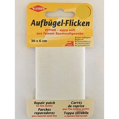 Imagen de Kleiber Cinta de reparación algodón Fino, Extra Suave, termoadhesiva, 30 x 6 cm, Color Blanco