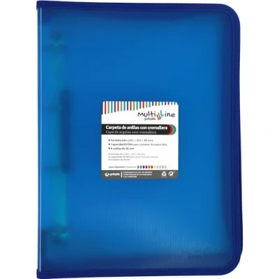Imagen de Grafoplás Carpeta de Anillas con Cremallera A4+ Azul Multiline 4 Mixtas 25mm Cubierta Polipropileno Rayado Vertical Capacidad Extra para Hojas Papel Formato Folio