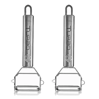 Imagen de TURBO PRODUKTE 2 peladores de acero inoxidable para frutas y verduras hacia adelante atrás con hoja colgante zurdos diestros función 3 en 1