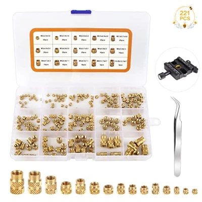 Imagen de Ruicaifu 221pcs Tuercas Remachables,Insertos Roscados,Surtido de Rosca Moleteada Latón Roscado Inserto, Diámetro Interior M2 M2.5 M3 M4 M5 M6