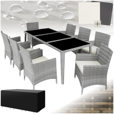 Imagen de TecTake® Conjunto Jardín Exterior de Ratán y Aluminio, Muebles Resistente a la Intemperie, 8 Sillas con Cojines, 1 Mesa Cristal, 2 Juegos Fundas Funda Protectora Gris Claro