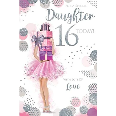Imagen de Tarjeta de felicitación cumpleaños con texto en inglés &quot;Daughter 16th 16 Today Girl &amp; Presents