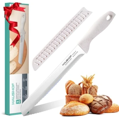 Imagen de HAUSHOF Cuchillo para Pan, Dentado Pan con Funda, Cortador de 20 cm Cuchilla Acero Inoxidable Calidad, Cocina Cortar Regalo Mamá y Papá
