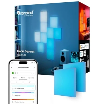 Imagen de Nanoleaf Kit de Expansión Blocks 2 Cuadrados (Requiere Incicio), Paneles Decorativos para Pared RGBW, Luz Difusa, Temperatura Color Ajustable 2700K a 6500K (23,1 x 23,1 cm cada uno)